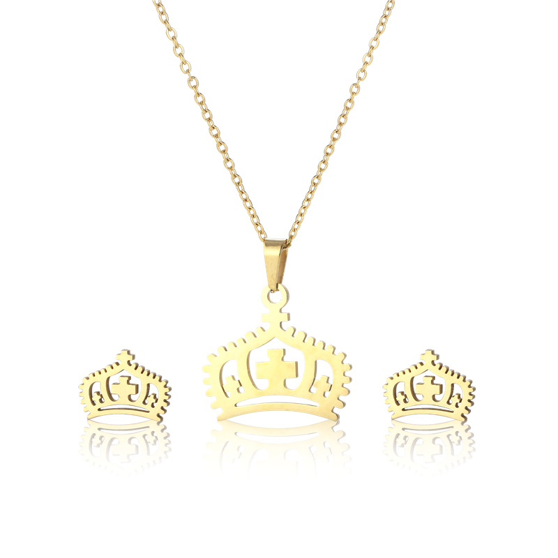 fashion simple crown pendant stainless steel necklace earings set