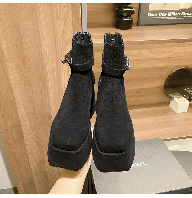 Boot Chelsea nữ cổ thun đế xuồng gót vuông mũi vuông phong cách bụi — Lót đơn màu hạnh chi tiết 16