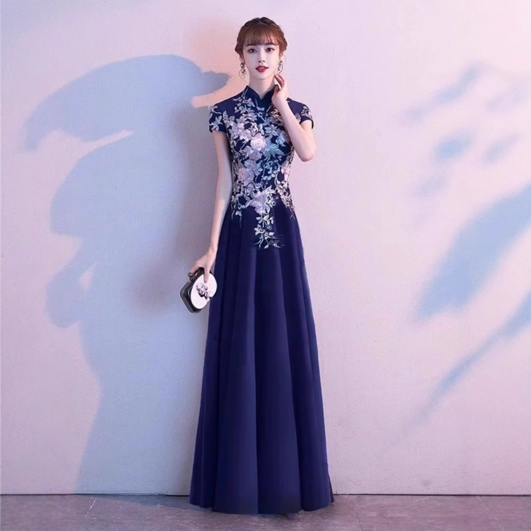 New navy blue Long Slim Chorus Dress New Chinese Style Vertical Collar Improved Cheongsam Dress Evening Dress for Host