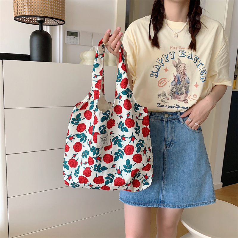 35204 Summer Ins Floral High-End Canvas Bag Small Fresh Large-Capacity Vest Bag Shopping Shopping Bag