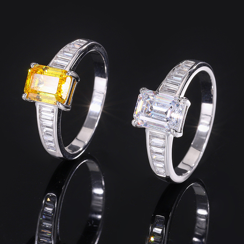 Zhuang Sheng joyería S925 todo el cuerpo de plata de la venta caliente de simulación de color tesoro amarillo diamante blanco cuentas de diamantes cuadrados con incrustaciones anillo de piedra principal 6*8