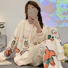 胖妹妹睡衣冬季大码珊瑚绒睡衣派大星V领加绒宽松保暖家居服套装