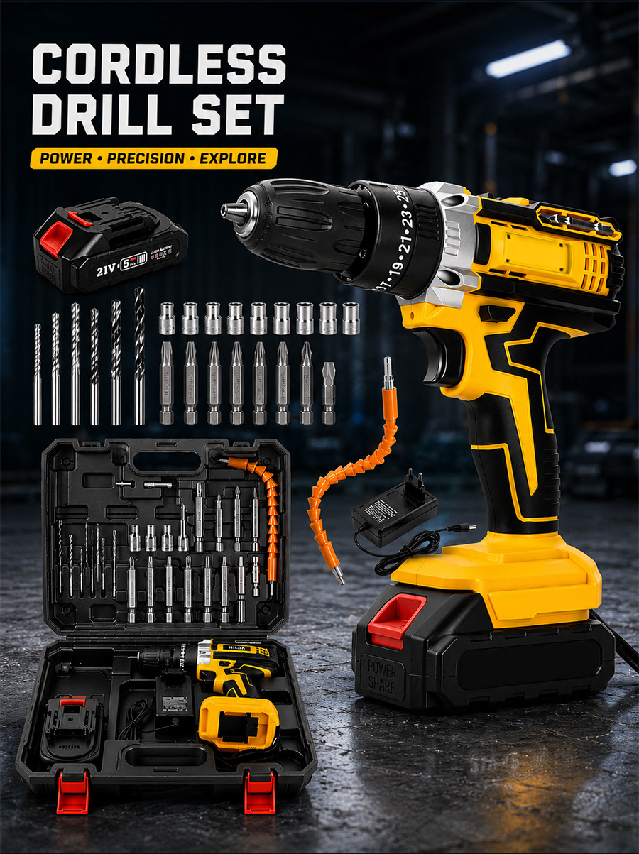 21V Cordless Lithium Impact Drill Handheld Electric Drill Dual Speed Charging Drill Pistol Grip Drill Electric Screwdriver Drill Set