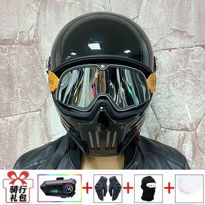 Motorcycle Full-Face Helmet, Suitable for, Motosiklet kaskı (dəbilqə) - bright-black-with-retro-black-and-silver-goggles-transparent-glasses-delivered-y10-soft-wheat-m