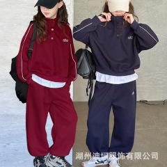 女童秋季新款时尚按扣假两件卫衣直筒裤休闲运动套装宽松两件套秋