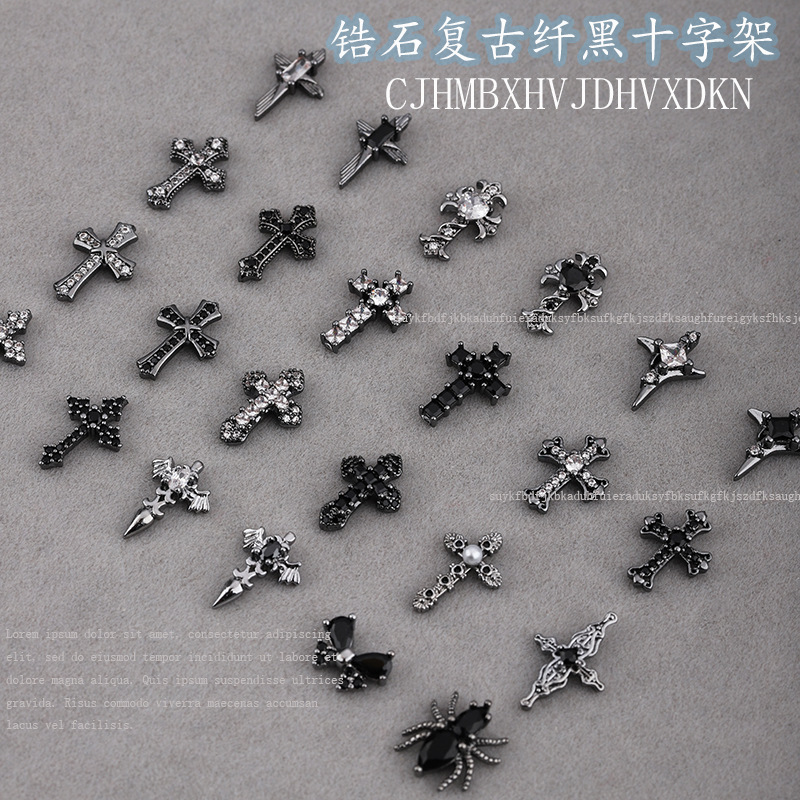 Internet Celebrity Dark Style Manicure Zircon Jewelry Crow Heart Cross Halloween Bat Spider Nail Diamond Accessories
