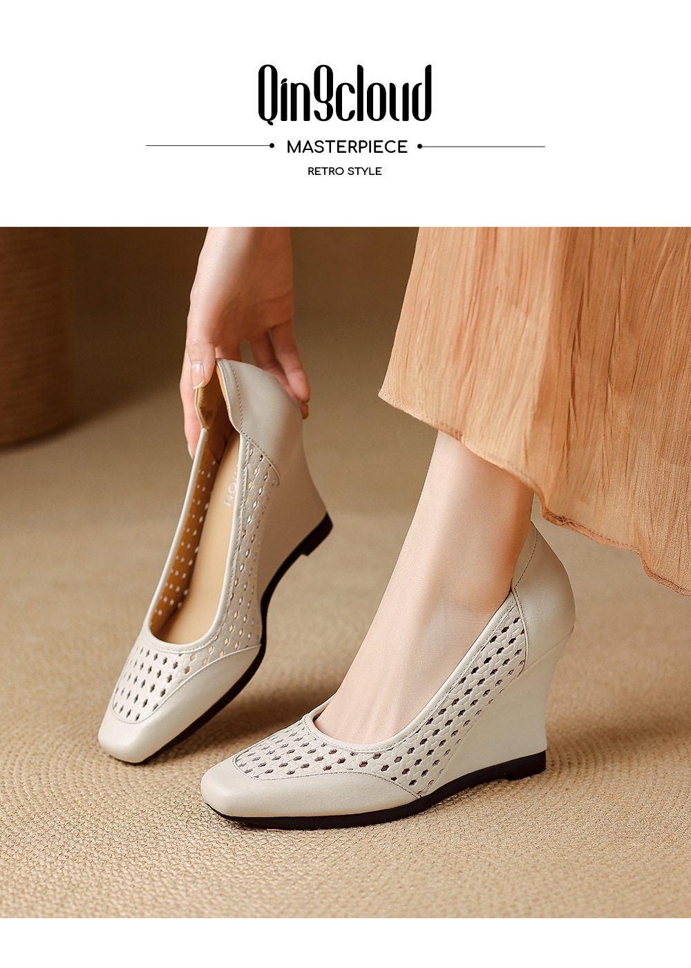 Giày sandal nữ da thật mũi vuông gót xuồng thấp, xỏ chân thoáng khí đi làm — màu trắng ngà, màu mơ chi tiết 1