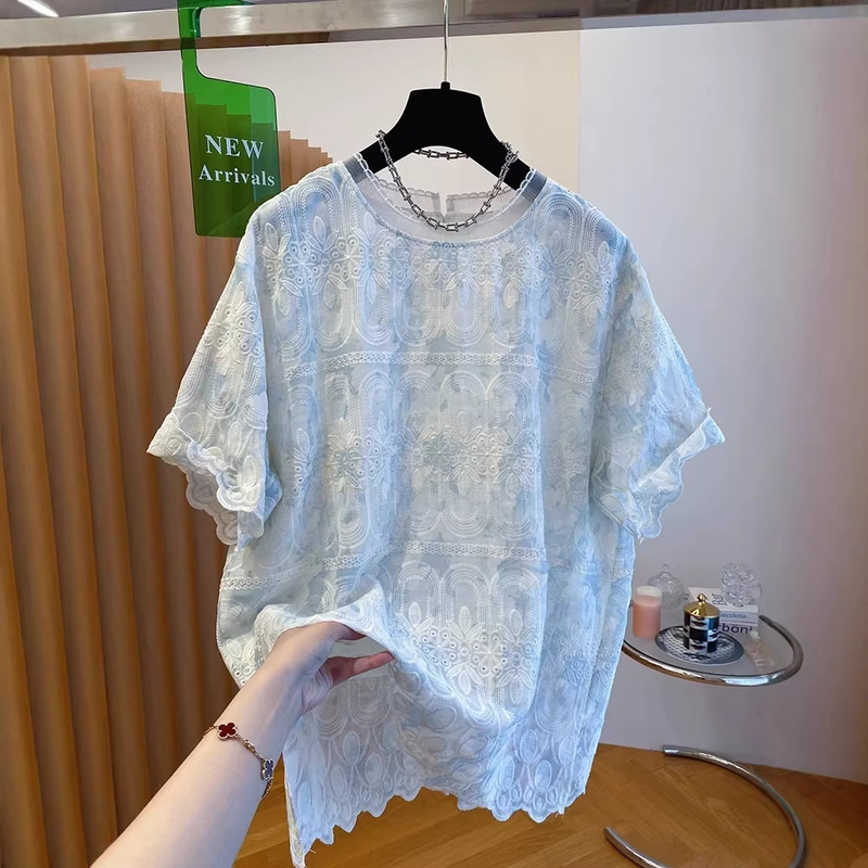 Summer Plus-Size Lace Patchwork Sweet Design Heavy Embroidery Short-Sleeve T-Shirt for Women