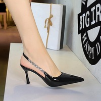 7317-A8 Wind Sexy Pointed Water Diamond Chain Back Empty Lacquered Leather Single Shoes for Women, Shallow Mouth Hollow Fine High Heels