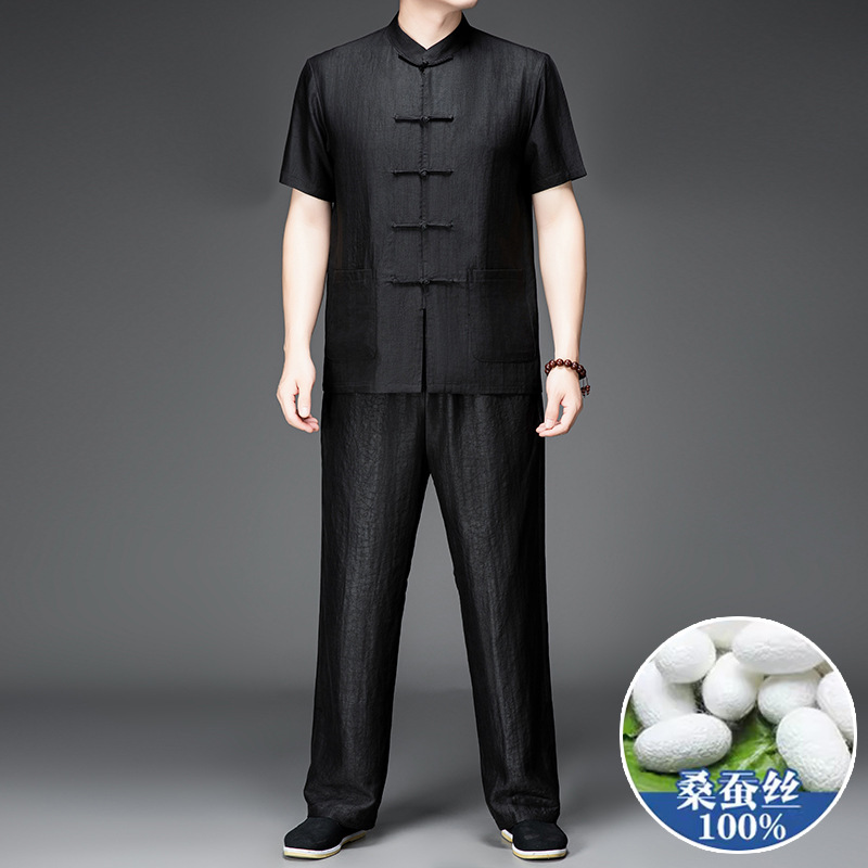 Men's Silk Tang Suit Set for Middle-Aged and Elderly, Summer Thin Short-Sleeve Outfit for Dad and Grandpa, Birthday Celebration Two-Piece Set