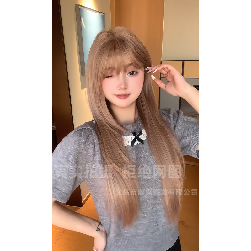 Bully wig women's long hair straight hair fog pink women's full head cover dragon beard sideburns layered styling in stock wholesale Bully wig women's long hair straight hair fog pink women's full head cover dragon beard sideburns layered styling in stock wholesale