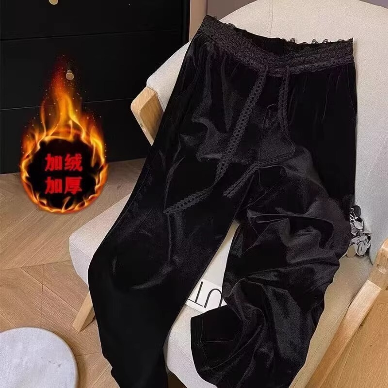 2026 New Black Velvet Straight Wide-Leg Casual Pants for Women, New Spring and Autumn High-Waisted Drapey Pants