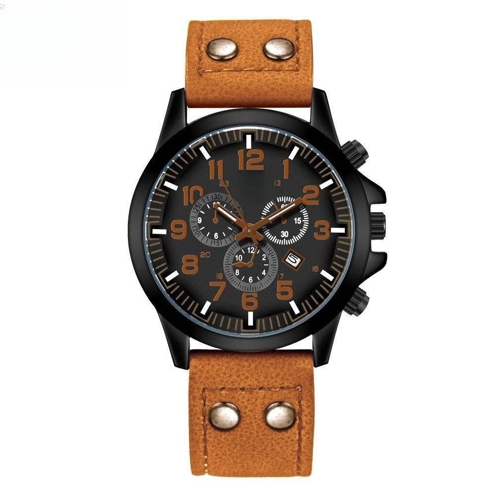 Casual men's quartz watch  Three-Eye fashion calendar watch double nail PU men's watch_voghion.com