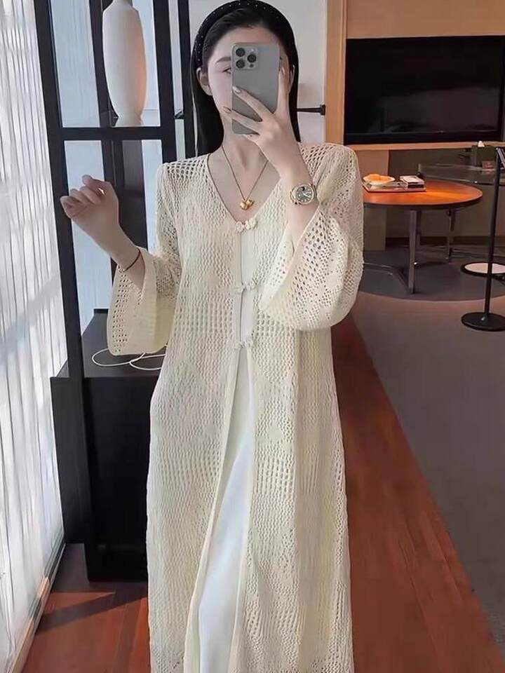 Áo cardigan dệt kim dáng dài nữ thiết kế khoét lỗ, cổ chữ V, tay dài, phong cách thanh lịch — Màu be 【Nâng cấp chất liệu vải cao cấp】 chi tiết 7