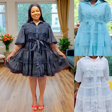 欧美跨境女装亚马逊非洲新款泡泡袖春亚纺立领复古蕾丝连衣裙9042