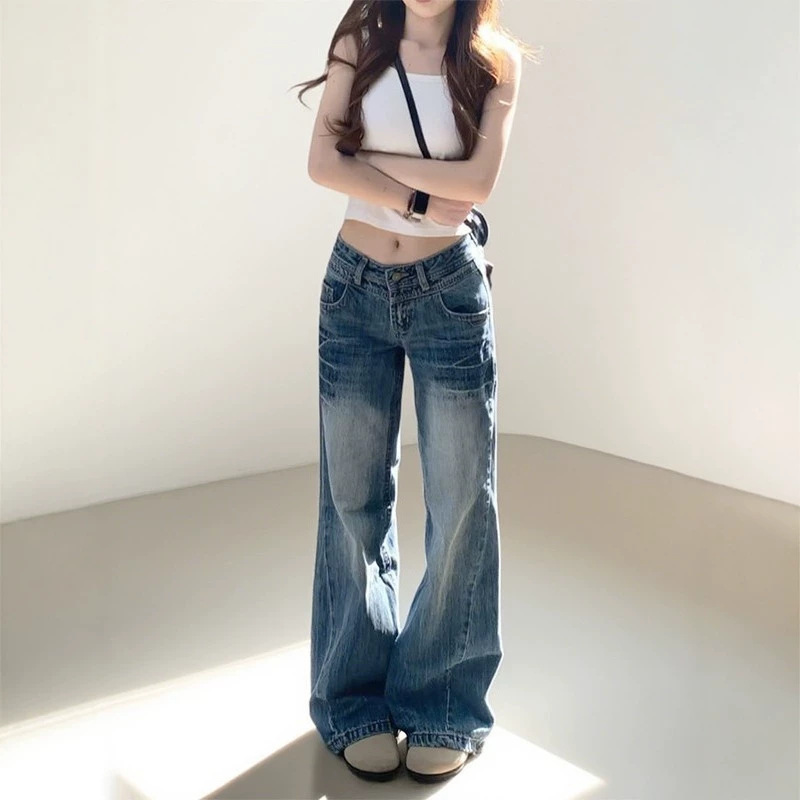 Petite American Retro Distressed High-Waisted Flared Wide-Leg Jeans for Women, New Low-Waist Loose Slimming Straight-Leg Pants Petite American Retro Distressed High-Waisted Flared Wide-Leg Jeans for Women, New Low-Waist Loose Slimming Straight-Leg Pants