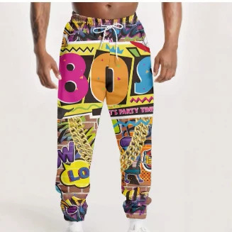 Retro 80s, 90s printed pants, street pants, men's side pocket elastic drawstring joggers, men's jogging pants Retro 80s, 90s printed pants, street pants, men's side pocket elastic drawstring joggers, men's jogging pants