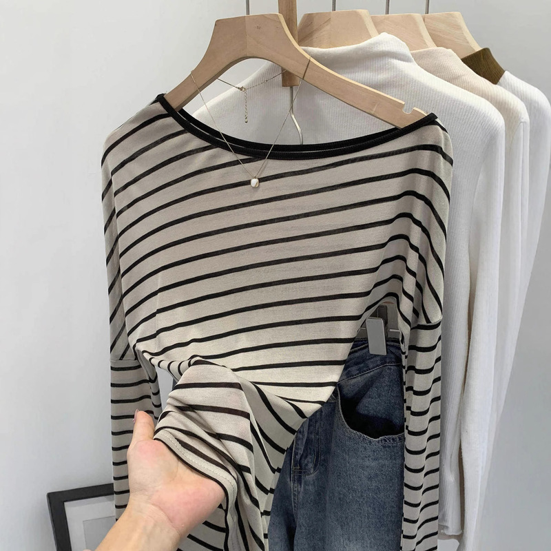 Lyocell Tencel Design Stripesd Slanted Shoulder Long-Sleeved T-Shirt for Women 2025 Early Autumn New Korean Style Beautiful Top