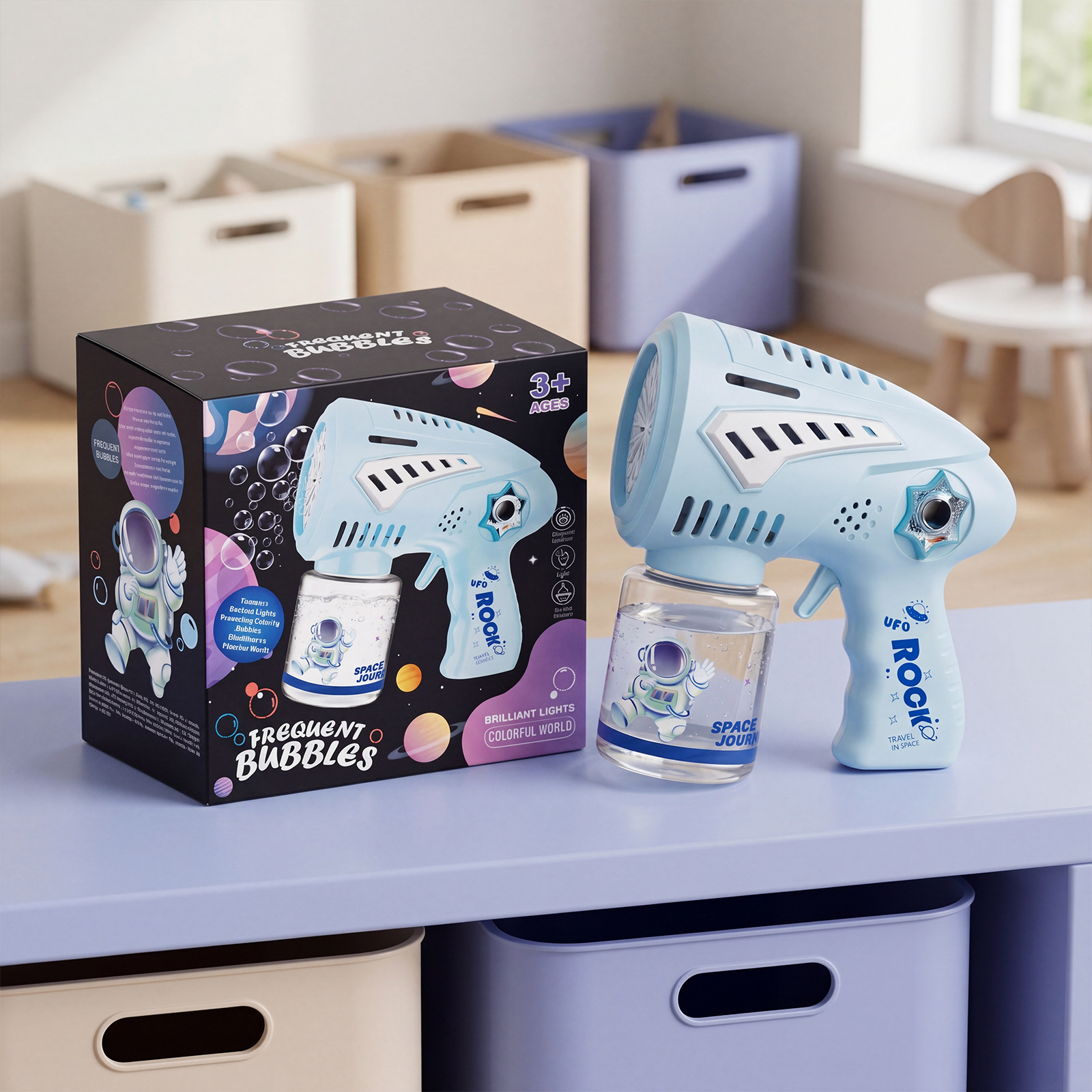 Dowmoo Space Bubble Gun Blue Astronaut Theme Ten-Hole Bubble Maker with Lights Children's Outdoor Toy