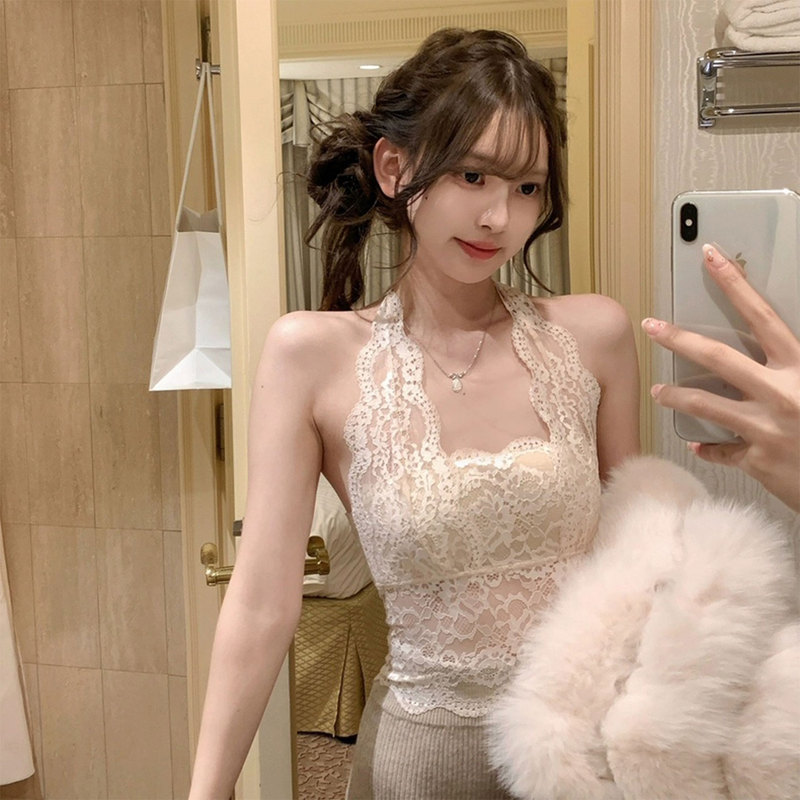 Cross-Border Popular Lace Halter Neck Camisole for Women, Suitable for Wearing under a Blazer, with Built-In Bra and Beautiful Back Design Cross-Border Popular Lace Halter Neck Camisole for Women, Suitable for Wearing under a Blazer, with Built-In Bra and Beautiful Back Design
