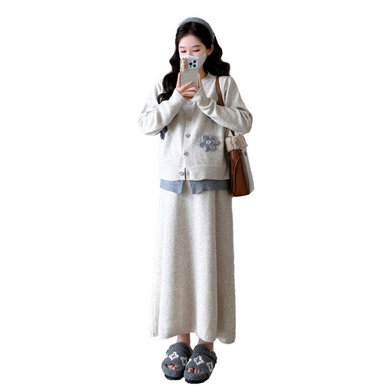 现货2025秋冬针织开衫孕妇毛衣+半身裙针织长袖孕妇套装|undefined