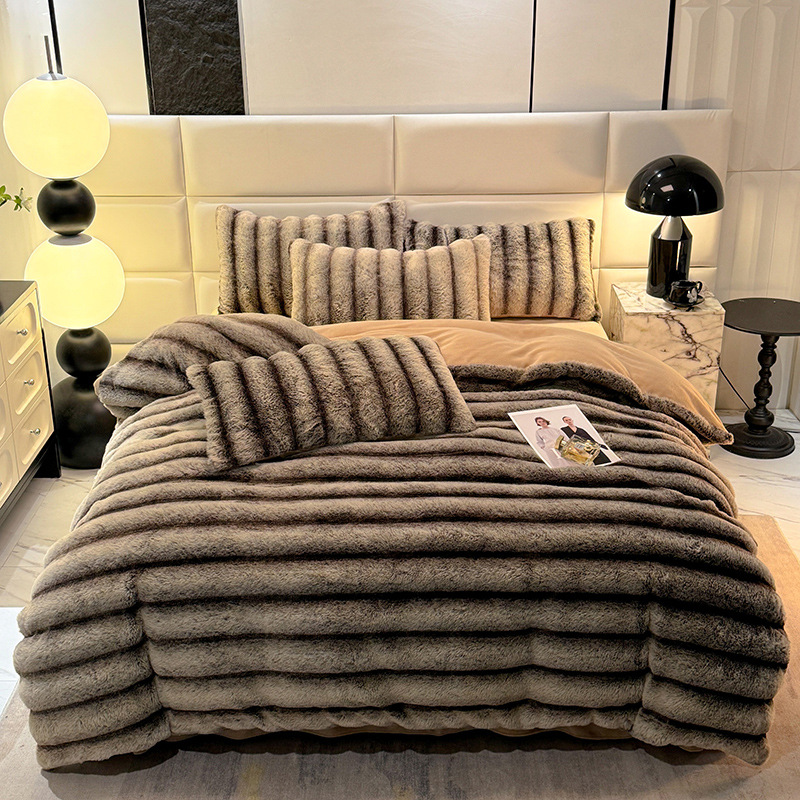 Juego de cuatro piezas de felpa de conejo de terciopelo de leche, terciopelo de coral de invierno, sábana gruesa y cálida, funda de edredón, franela, felpa de doble cara