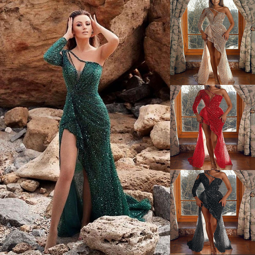 Vestido de Noche Largo con Lentejuelas, Sexy, con Abertura Alta, de Alta Calidad para Fiestas, Estilo Socialité de Ensueño, Ropa Femenina Transfronteriza 2025.
