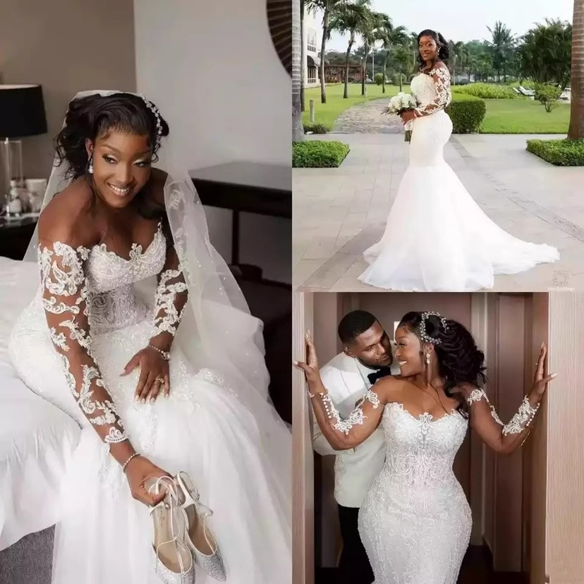 AliExpress foreign trade bride tail wedding dress cross-border off-shoulder long sleeve fishtail wedding dress waist slimming light wedding dress