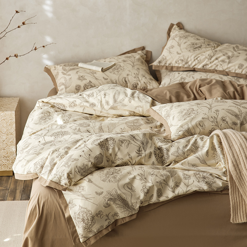 Nordic French Minimalist Retro Retro Nordic 2026 New Autumn/Winter Full Brushed Four-Piece Set 100% Cotton Duvet Cover Floral American Style Thicke_voghion.com