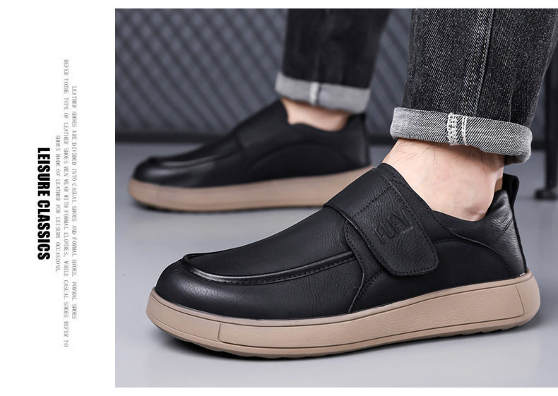 Giày lười nam da PU kiểu retro, quai dán Velcro, form rộng thoải mái, đế cao su êm chân — Màu đen, màu vàng chi tiết 19