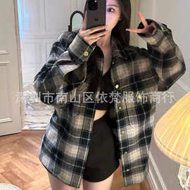 深圳南油高端女装欧美原单明星同款时髦格纹法兰绒复古工装风衬衫