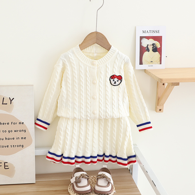 I piccoli colpi di pasta fritta per ragazze imparano lo stile di lavoro a maglia per ragazze autunno e inverno nuova gonna maglione cardigan a maniche lunghe_voghion.com