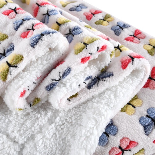 Wish Autumn and Winter Double Layer Thick Plush Coral Fleece Blanket with Double Fleece French Terry Butterfly Print Lambskin Cover Blanket