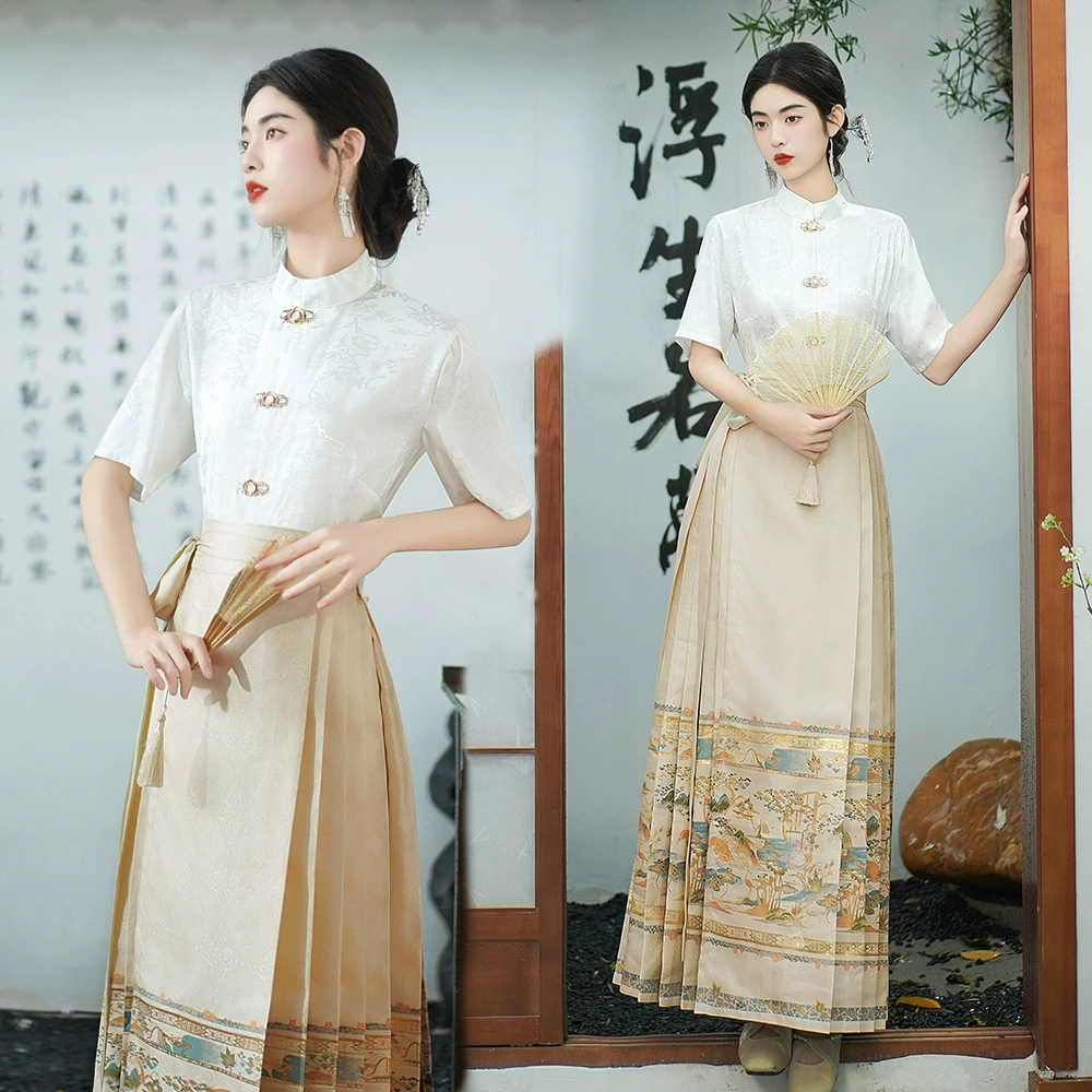 Новая юбка в стиле Ханьфу с имитацией вышивки и цветочным узором, в стиле горы Пэнлай, с золотым тиснением и имитацией вышивки, с имитацией вышивки и цветочным узором, в новом китайском стиле.