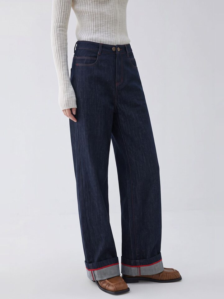 Quần jean ống rộng nữ lưng cao dáng suông dài phong cách thoải mái — Sâu denim xanh