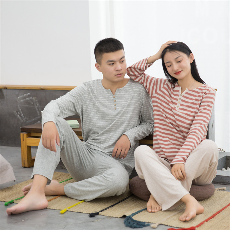 Muji Spring & Fall Home Clothes Stripesd High Quality Tianzhu Cotton Long-Sleeved Pure Cotton Suit Couple Pajamas New Simple Knitted
