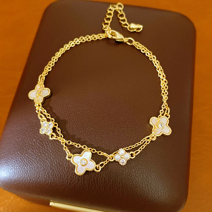 14 quilates de oro verdadero electronite marita fritaella de hierba afortunada flor pulsera de doble capa ligera pulsera de nicho joyería diaria