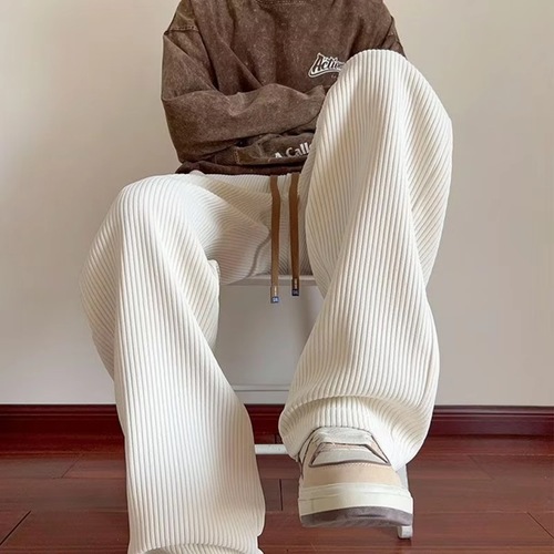 Men's Spring and Autumn American Loose Wide Leg Sport Trousers with Texture Sensation Straight Leg Linen Pants