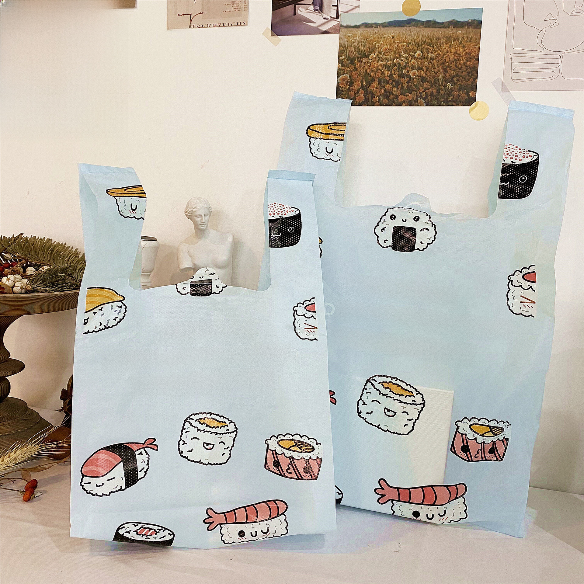 日系海鹽藍可愛壽司塑料手提袋烘焙甜品禮品包裝袋蛋糕蛋撻打包袋