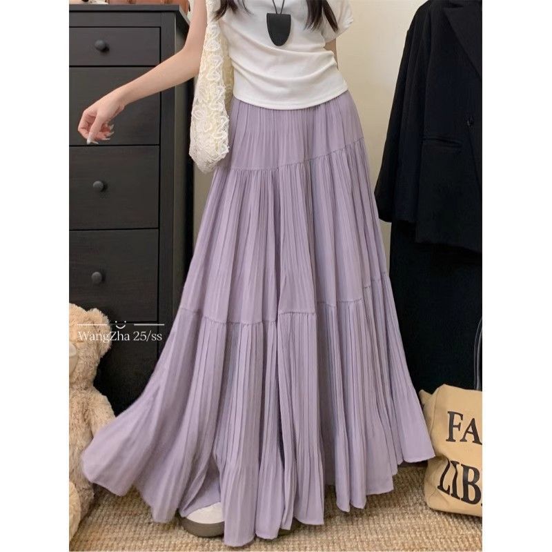 Pleated Patchwork High-Waisted A-Line Skirt for Women, Spring 2025 New Style, Slimming, Gentle Drape, Versatile Long Skirt