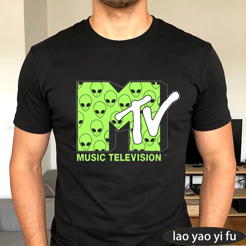 MTV alien print t-shirt for both men and women, music TV pattern t-shirt, casual short-sleeve top from the 90s MTV alien print t-shirt for both men and women, music TV pattern t-shirt, casual short-sleeve top from the 90s
