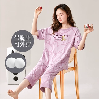 夏季女士带胸垫棉质短袖七分裤韩版可爱卡通家居服宽松套装可外穿