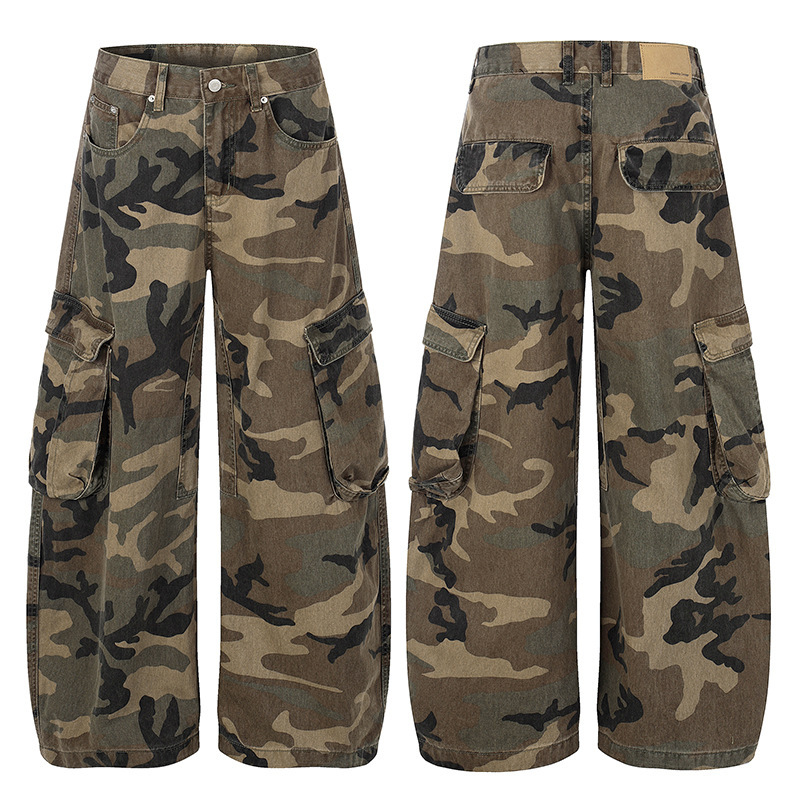 Tuochuan Z062 American Retro Washed Vintage Camouflage Pants with Large Pockets, Unisex Workwear Design, Wide-Leg Drapey Long Pants Tuochuan Z062 American Retro Washed Vintage Camouflage Pants with Large Pockets, Unisex Workwear Design, Wide-Leg Drapey Long Pants