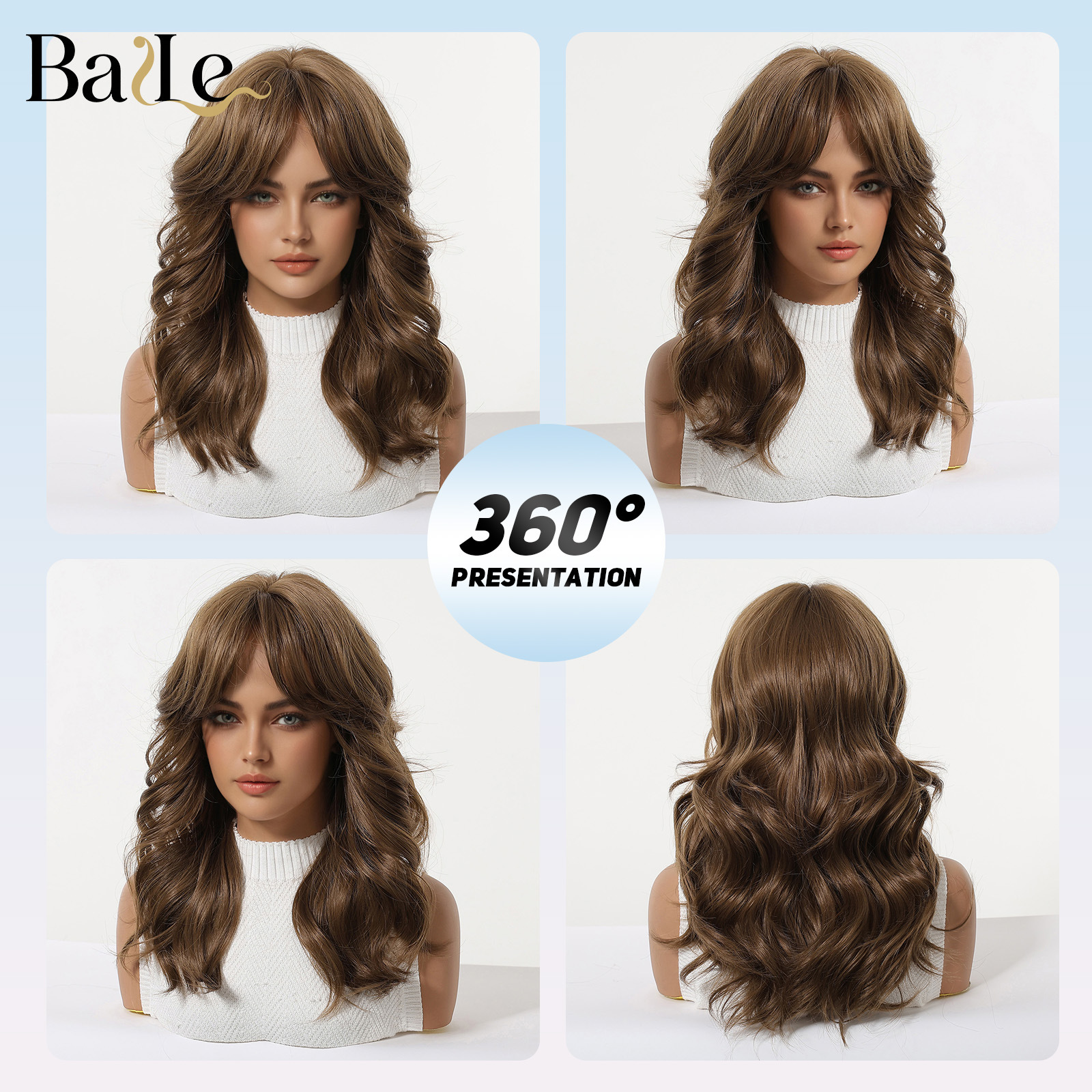 Peruca de cabello para mujer, cabello marrón medio largo rizado de 16 pulgadas, modelo de franja de seda de alta temperatura, exclusivo transfronterizo