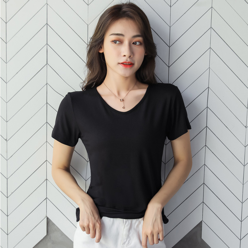 Modal Short-Sleeved White Facial Mask T-Shirt for Women Summer V Neck 2025 New Ice Silk Low-Neck Loose Bottoming Shirt Top