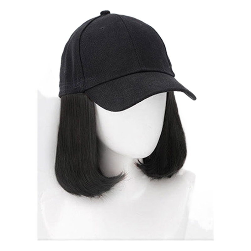 Combinación de Gorra y Peluca, Cabello Corto y Rizado, Gorra de Béisbol Primavera/Verano, Corte de Cabello Bob, Estilo Influencer, Cabello hasta la Clavícula, Postizo Completo, Fibra de Alta Temperatura