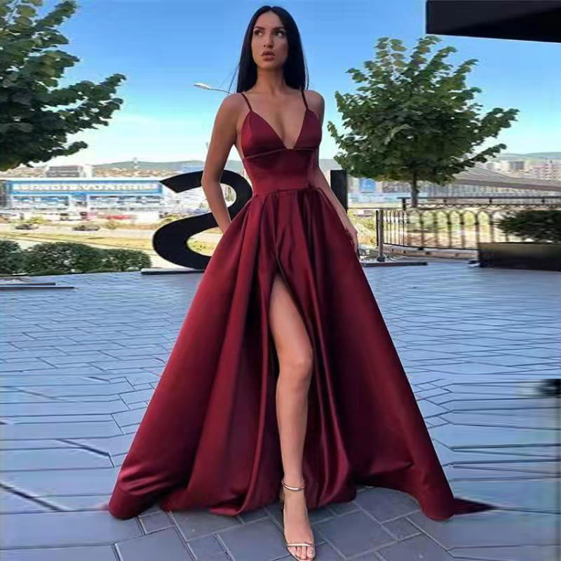 Europa y América Amazon AliExpress deseo Comercio exterior vestido de mujer vestido de novia sexy V-cuello Correa simple vestido largo