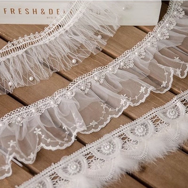 包邮 包邮皱褶网纱花边辅料百搭毛毛钉珠双层立体手工蕾丝边布料