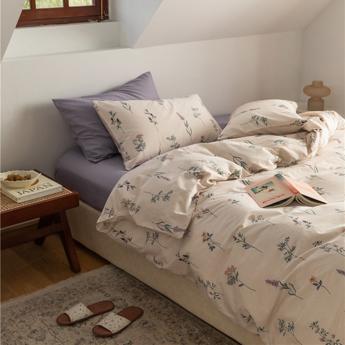Korean retro floral 100% cotton bed set including four pieces: sheet, duvet cover, and pillowcase set for dormitory, 1.8 meters