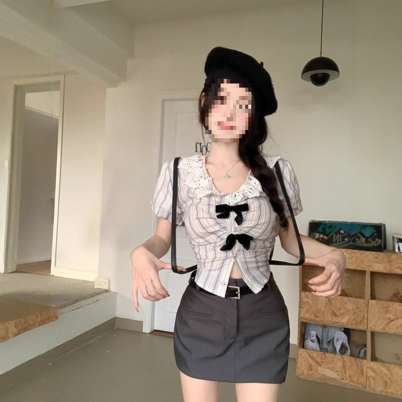Hot Girl Bow Striped Short-Sleeved Shirt Women's Summer Lace Splicing Doll Collar Design Short Skirt Fashion Suit